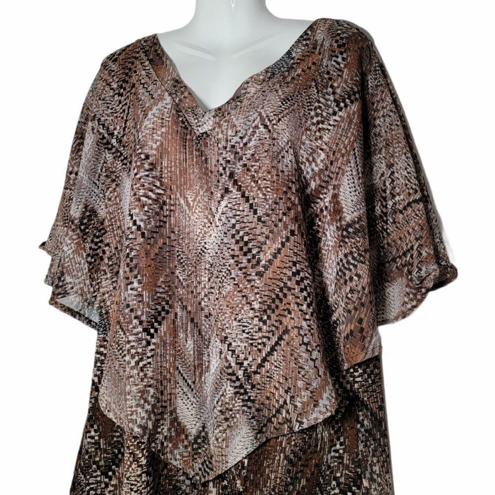 NY Collection Womens Brown V Neck Blouse Top Sz XL